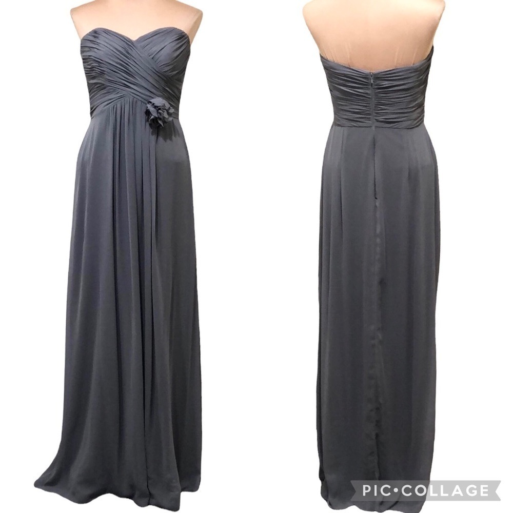 Dessy Collection by Vivian Diamond Dress Strapless Pleated Bodice Gray Gown Sz 4